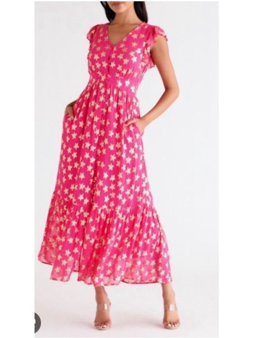Ciebon Loxi bright pink gold metallic star button down ruffle maxi dress Medium